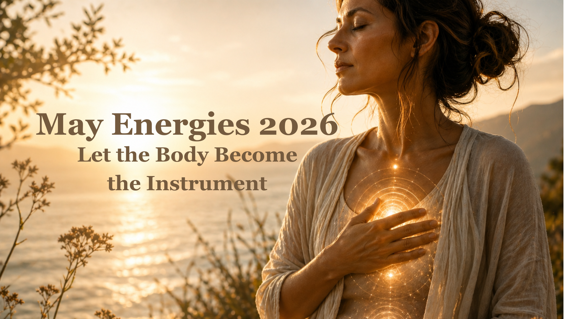 Woman standing in warm golden light with one hand on her heart, representing May energies, embodied presence, nervous system wisdom, and healing resonance