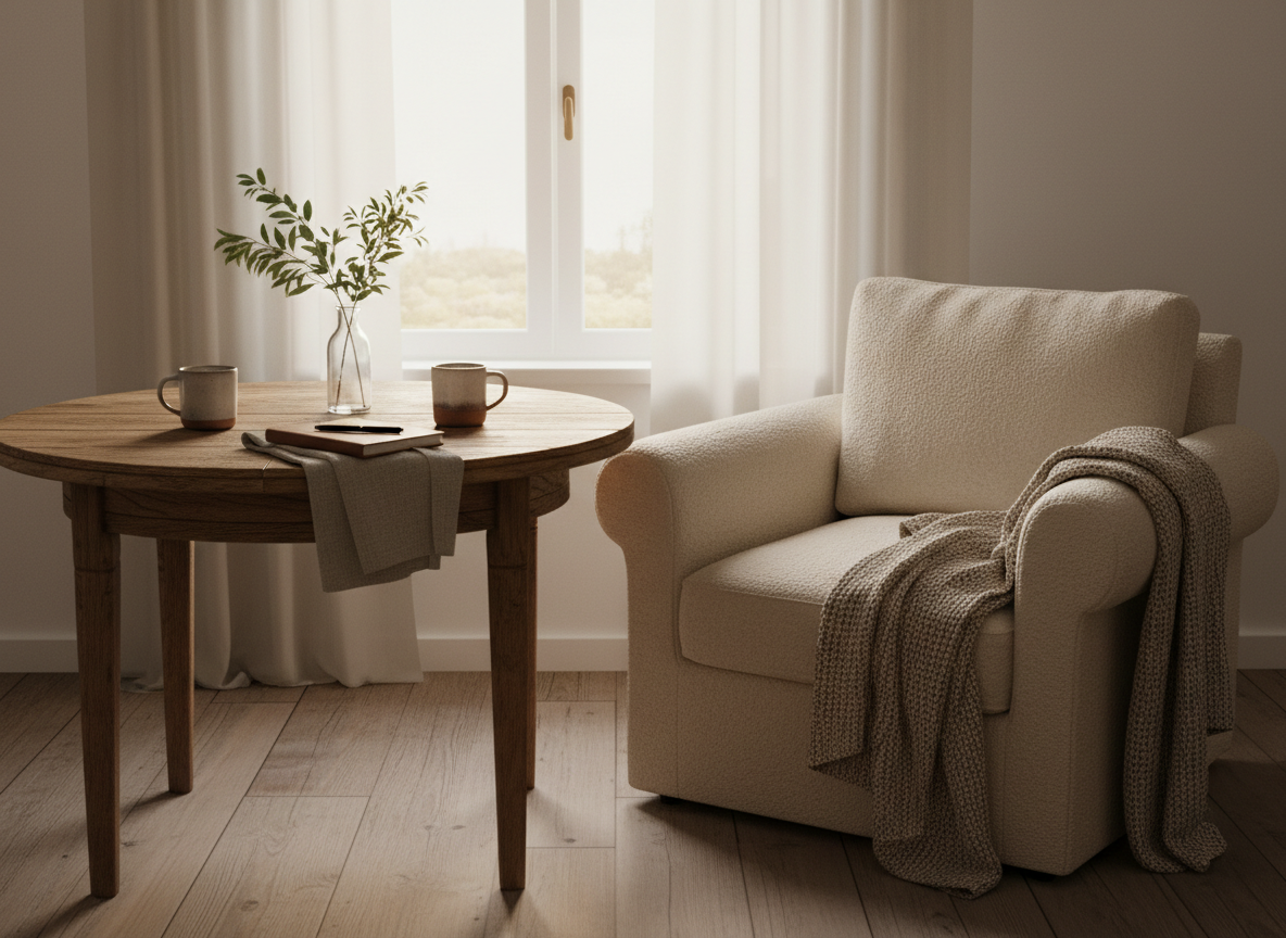Two mugs, a notebook and folded linen on a wooden table beside a softly lit chair and window